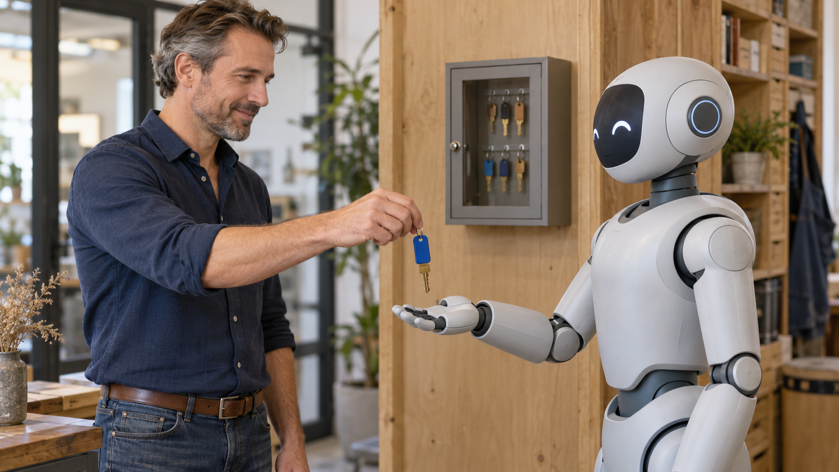 Ondernemer draagt één sleutel over aan een vriendelijke AI-robot terwijl andere sleutels opgeborgen blijven